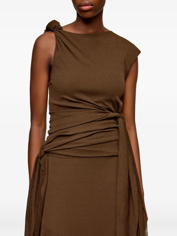 GANNI Midi Knot Detail Asymmetric Dress | Brown | FARFETCH