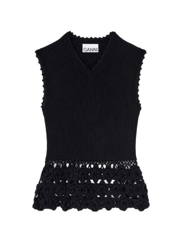 GANNI クロシェ Vネックトップ | ブラック | FARFETCH JP