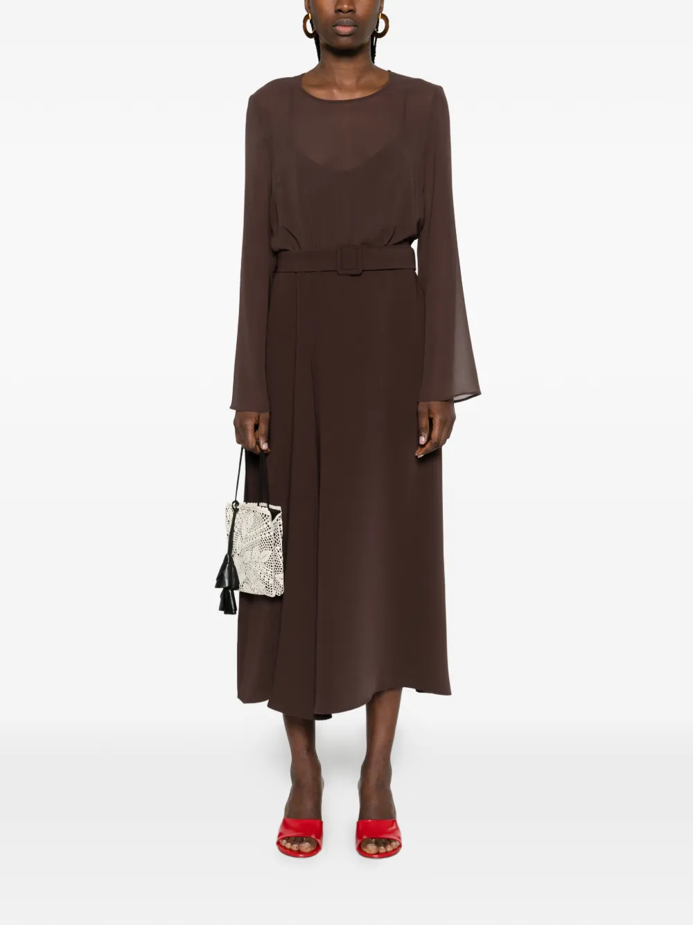  P.a.r.o.s.h. Bell-sleeve Belted Midi Dress - Brown 