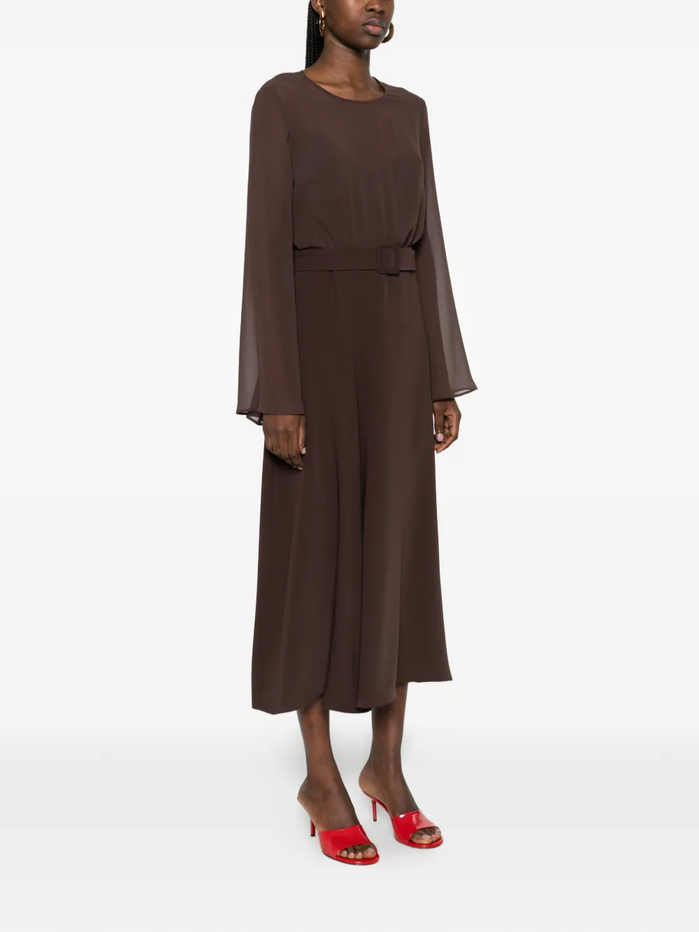  P.a.r.o.s.h. Bell-sleeve Belted Midi Dress - Brown 