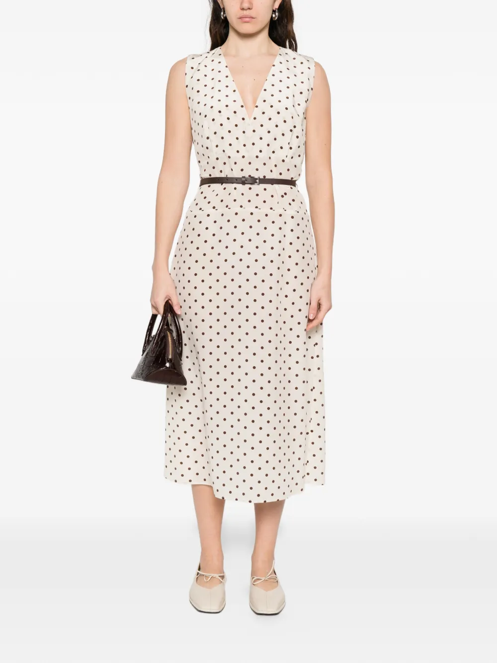 P.A.R.O.S.H. Mouwloze midi-jurk met stippen Beige