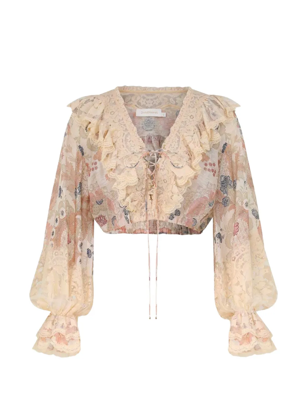 Zimmermann Rebellion Floral-print Lace-up Blouse In Neutral