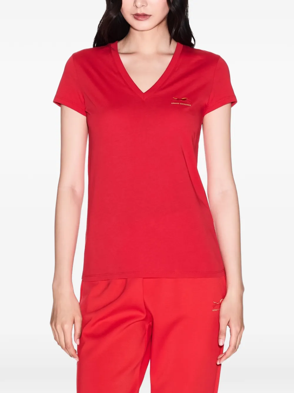Armani Exchange T-shirt met V-hals en borduurwerk Rood