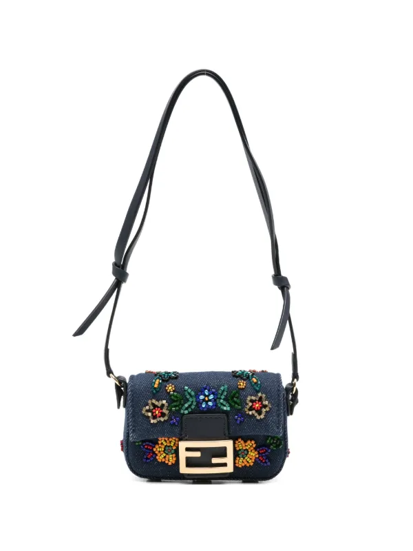 FENDI バゲット フラワーエンブロイダリー ミニバッグ ナノ | ブルー