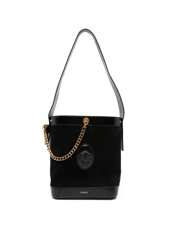 Versace Pivot Small Suede Bucket Bag in Black