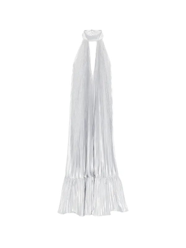 lidee silver dress L'IDE Pleated Halter Gown Dress | Silver