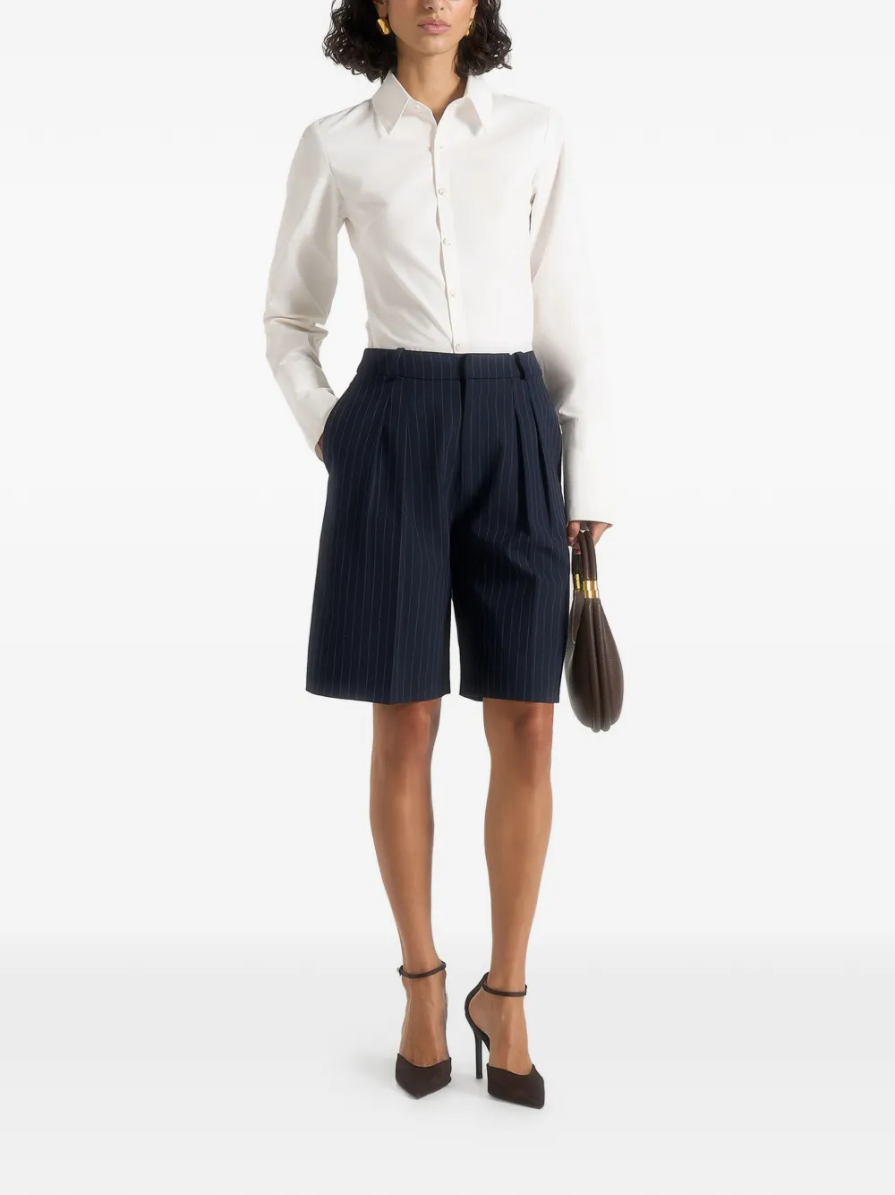 Lorette Pinstripe-Print Pleated Tailored Shorts