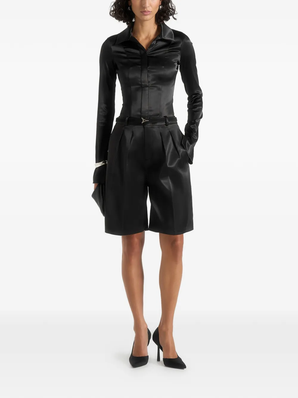 Mani&egrave;re De Voir Lorette pleated satin tailored shorts - Zwart