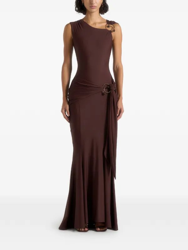 Manire de Voir Rania Asymmetric Draped Maxi Dress - Brown