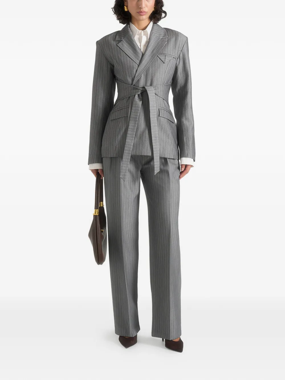 Manière De Voir Delphine krijtstreep blazer met wikkel-striksluiting Grijs