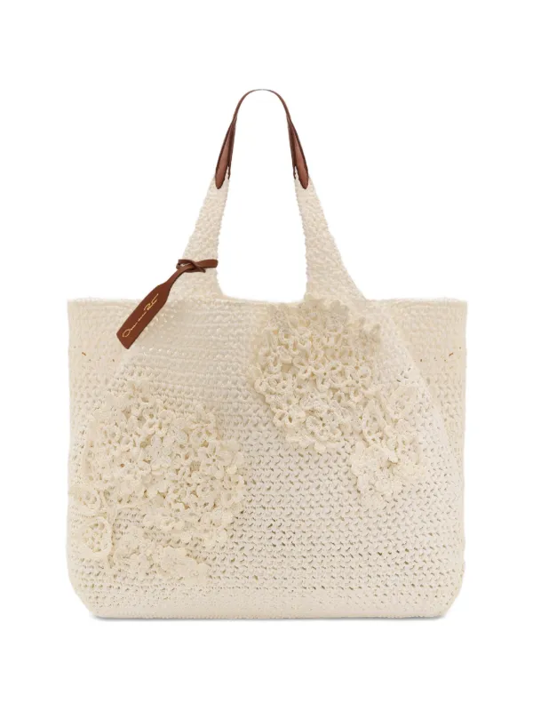 Oscar de la Renta Flower-embroidered Shoulder Bag in Neutrals