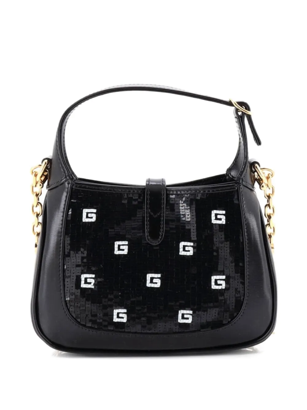  Gucci Pre-owned Jackie 1961 Chain Hobo Sequin Embellished Satin With Leather Mini Crossbody Bag - Black 