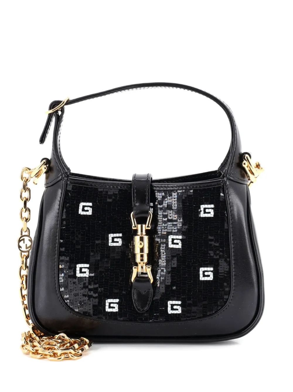 Gucci Pre-Owned Jackie 1961 Chain Hobo Sequin Embellished Satin with Leather Mini crossbody bag - Nero