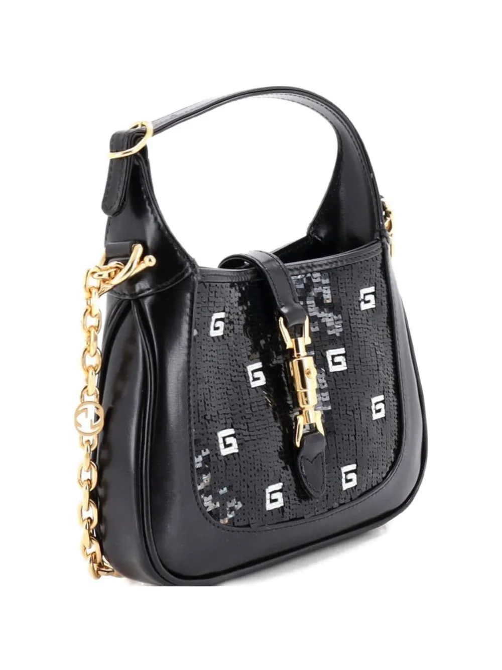  Gucci Pre-owned Jackie 1961 Chain Hobo Sequin Embellished Satin With Leather Mini Crossbody Bag - Black 