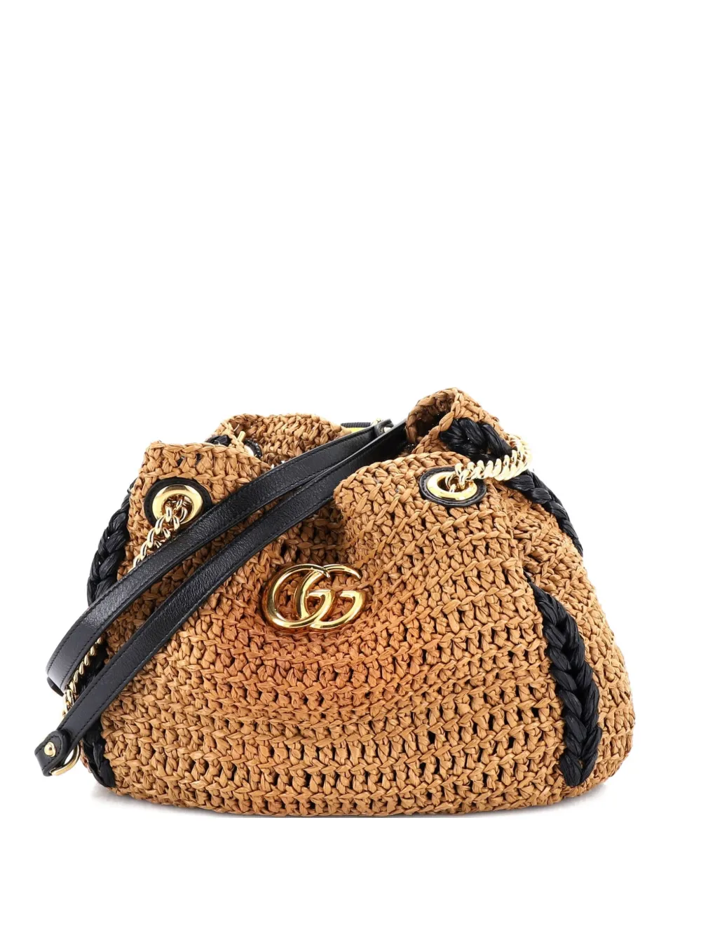 Pre-owned Gucci Gg Marmont Chain Raffia Small Tote Bag In Brown