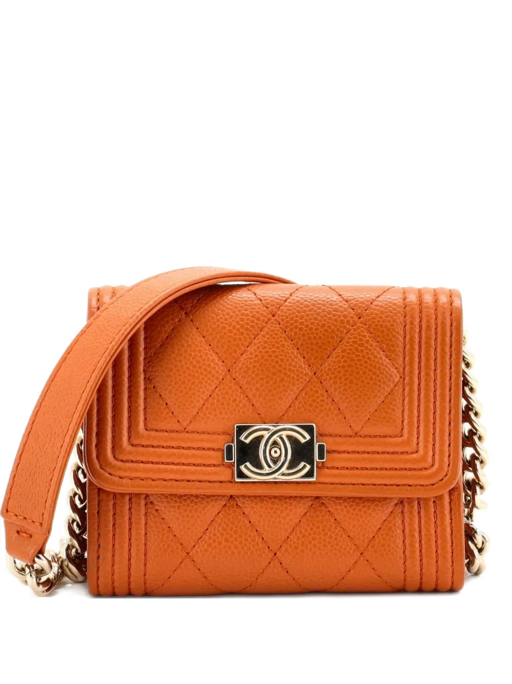 CHANEL Pre-Owned Clutch Boy in pelle Caviar trapuntata con battente e catena - Arancione
