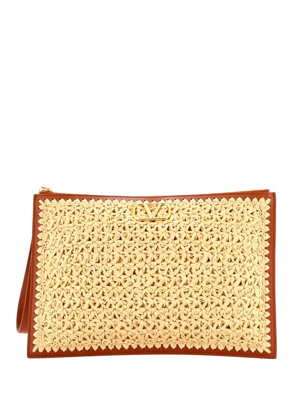 Valentino Garavani Pre-Owned VLogo Wristlet Raffia and Leather Medium clutch bag - Braun