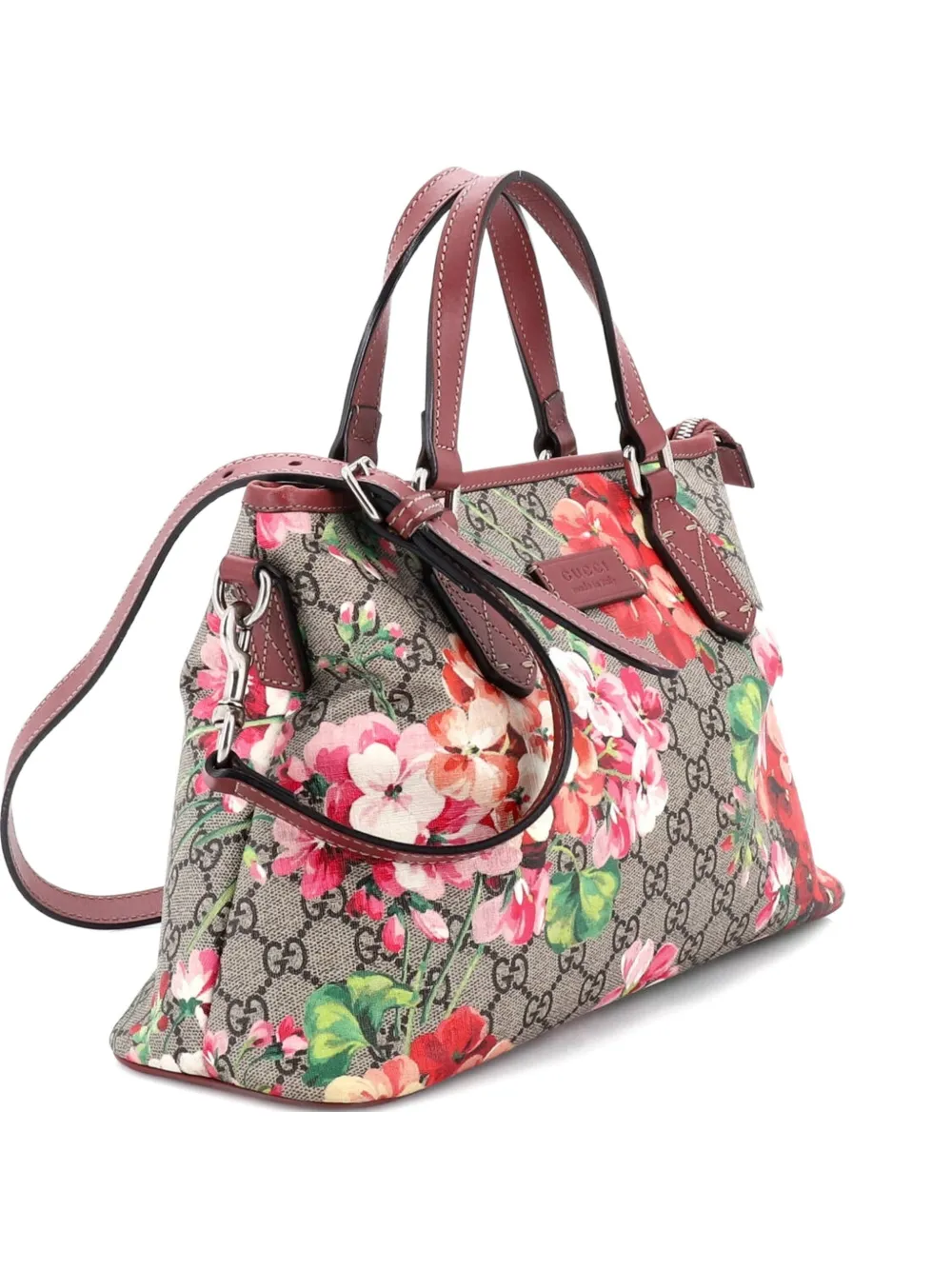 Pre-owned Gucci Convertible Zip Blooms Print Gg Coated Canvas Medium Tote Bag In Brown