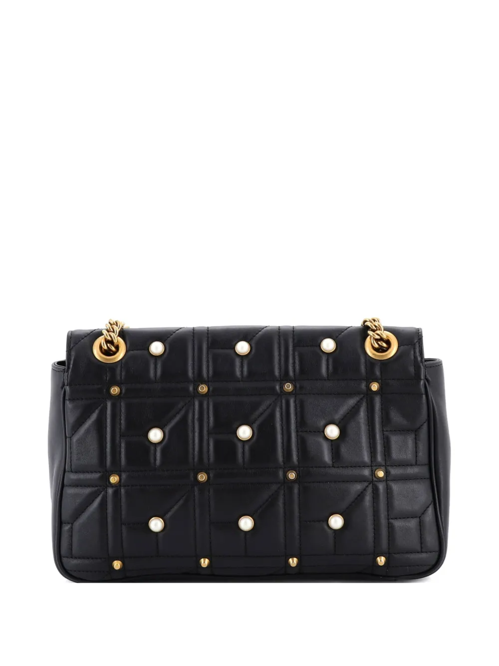  Gucci Pre-owned Pearly Gg Marmont Flap Bag Embellished Matelasse Leather Medium Shoulder Bag - Black 