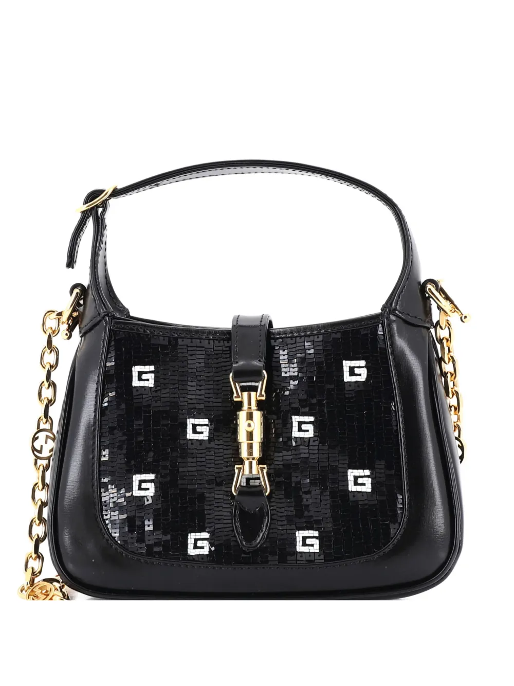 Gucci Pre-Owned Jackie 1961 Chain Hobo Sequin Embellished Satin with Leather Mini crossbody bag - Nero