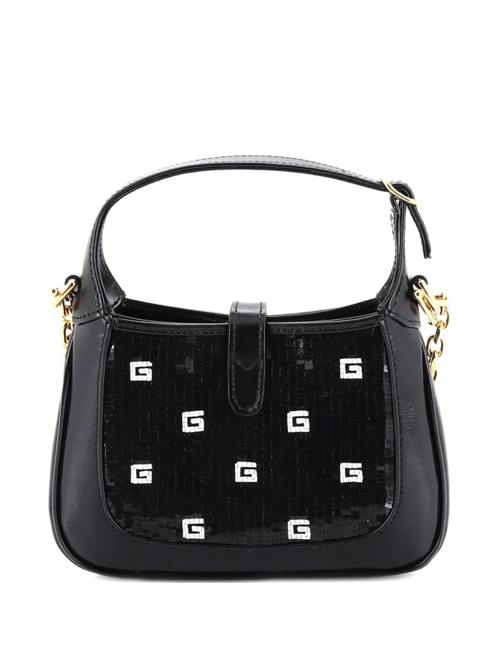  Gucci Pre-owned Jackie 1961 Chain Hobo Sequin Embellished Satin With Leather Mini Crossbody Bag - Black 