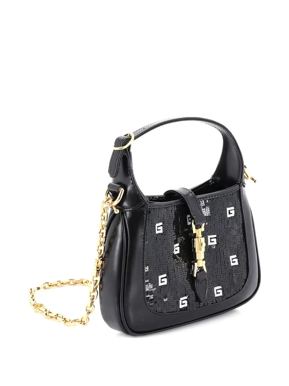  Gucci Pre-owned Jackie 1961 Chain Hobo Sequin Embellished Satin With Leather Mini Crossbody Bag - Black 