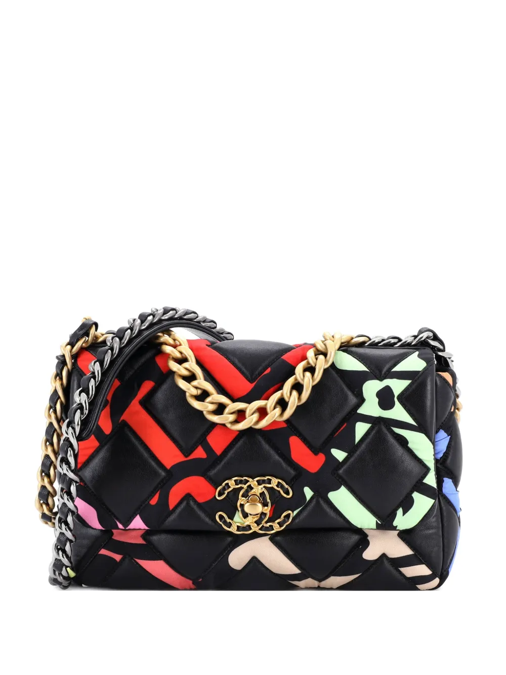CHANEL Pre-Owned 19 Flap Bag Quilted Lambskin and Printed Silk Medium shoulder bag - Nero