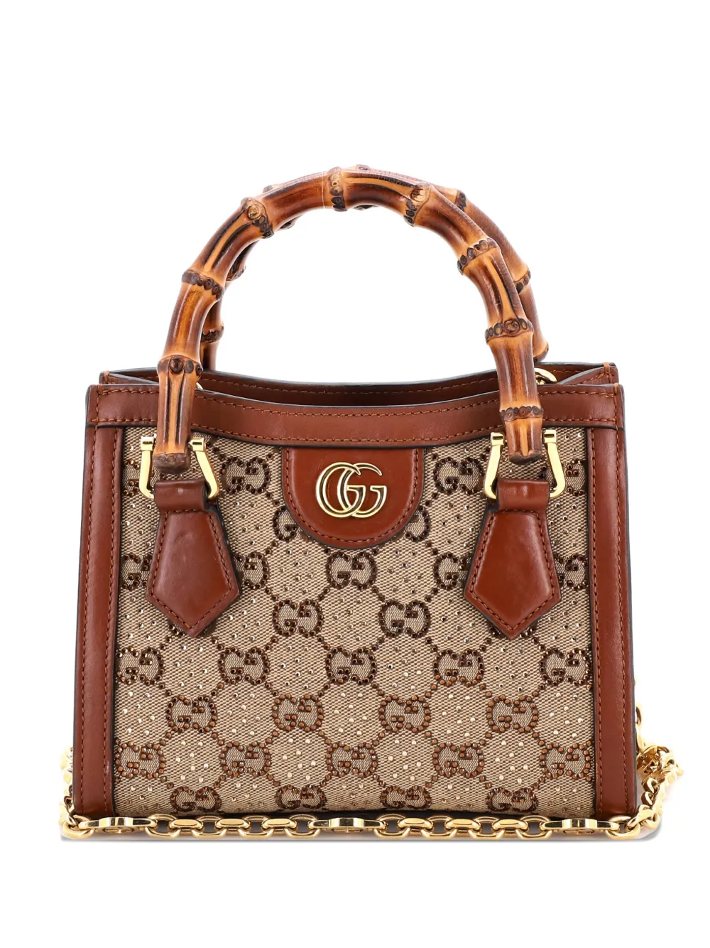 Gucci Pre-Owned Diana NM Bamboo Handle Crystal Embellished GG Canvas Mini tote bag - Marrone