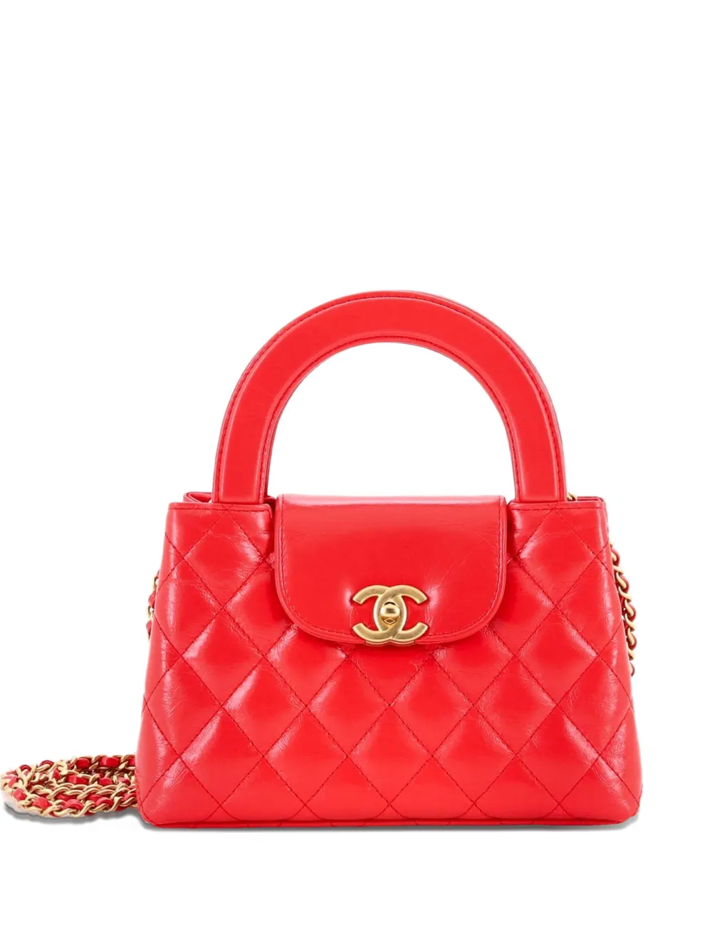 CHANEL Pre-Owned Kelly Top Handle Shopping Bag Quilted Shiny Aged Calfskin Mini satchel - Rosso