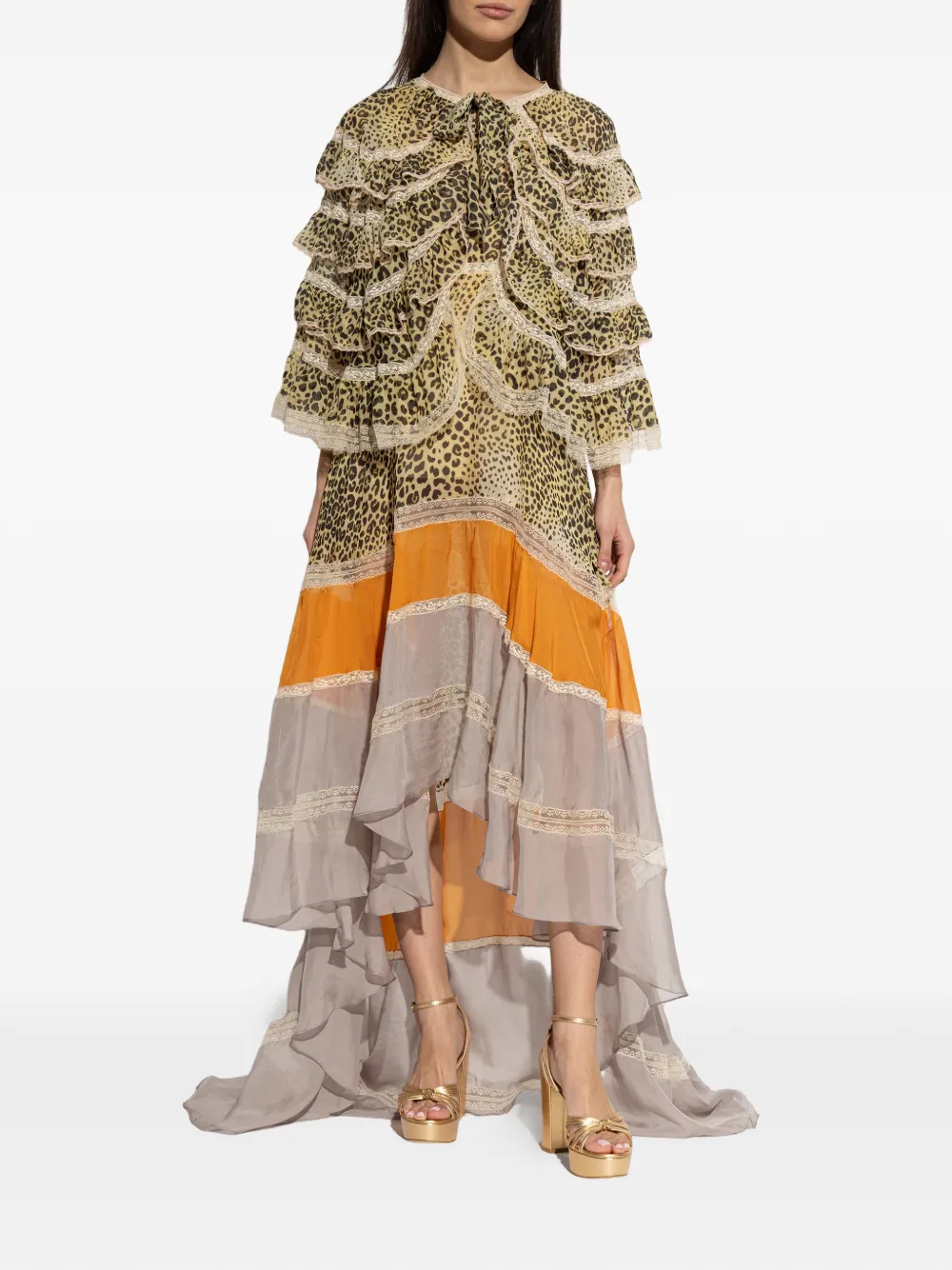 ETRO Jurk met luipaardprint en ruches Bruin