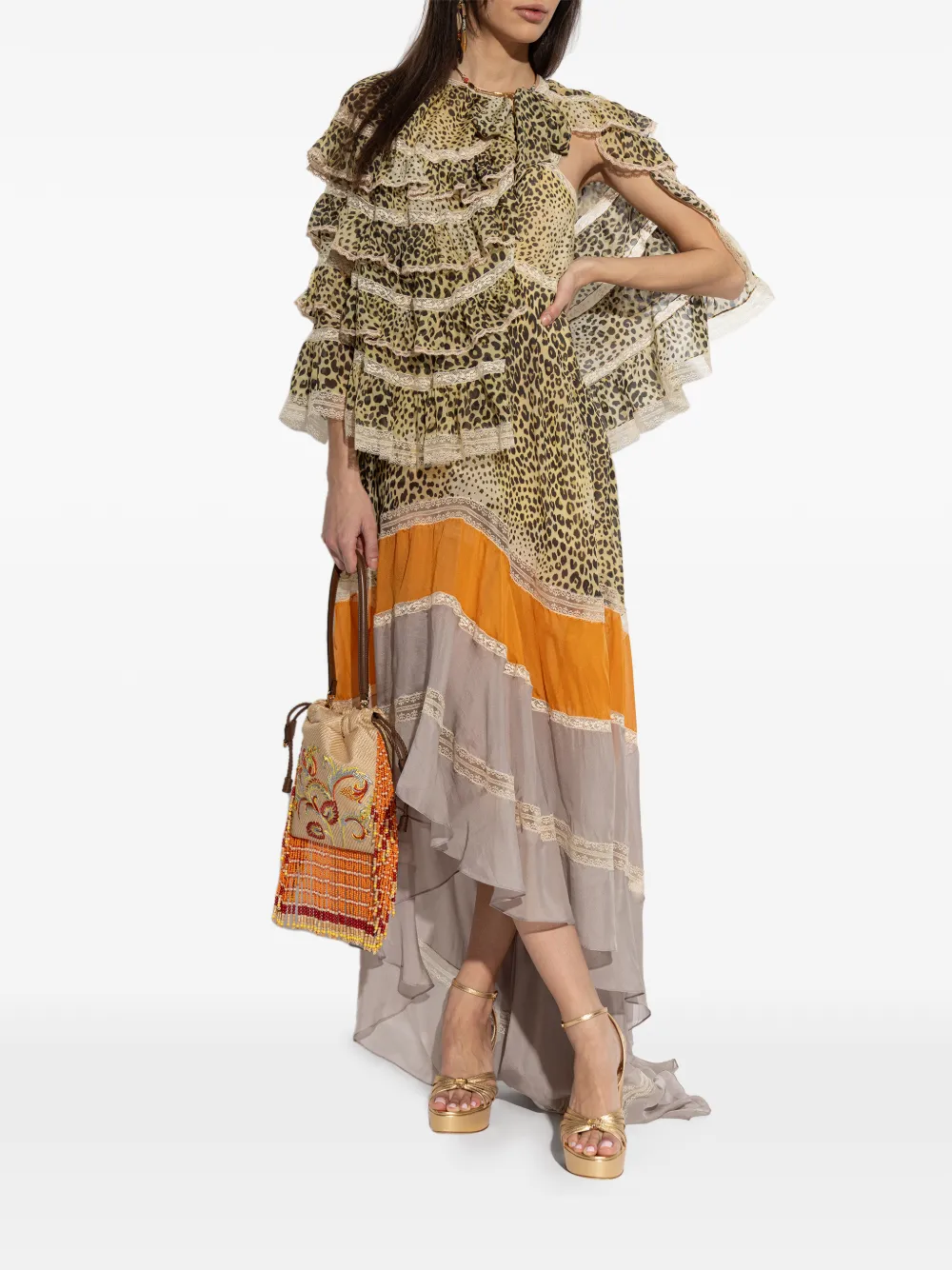 ETRO Jurk met luipaardprint en ruches Bruin