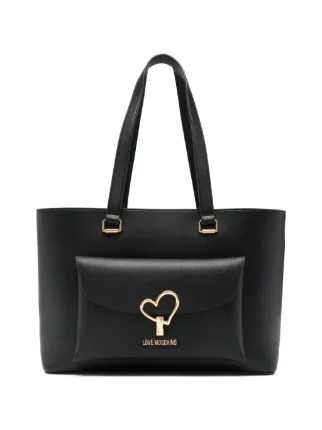 MOSCHINO モスキーノ ビッグハート 本革 レザー トートバッグ 黒×赤 Love Moschino ハートアップリケ ハンドバッグ | ブラック | FARFETCH JP