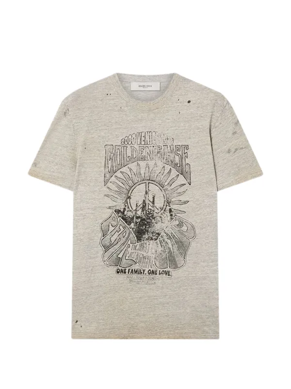 Golden Goose T-shirt in Gray Melange Jersey with Vintage Print in Grey