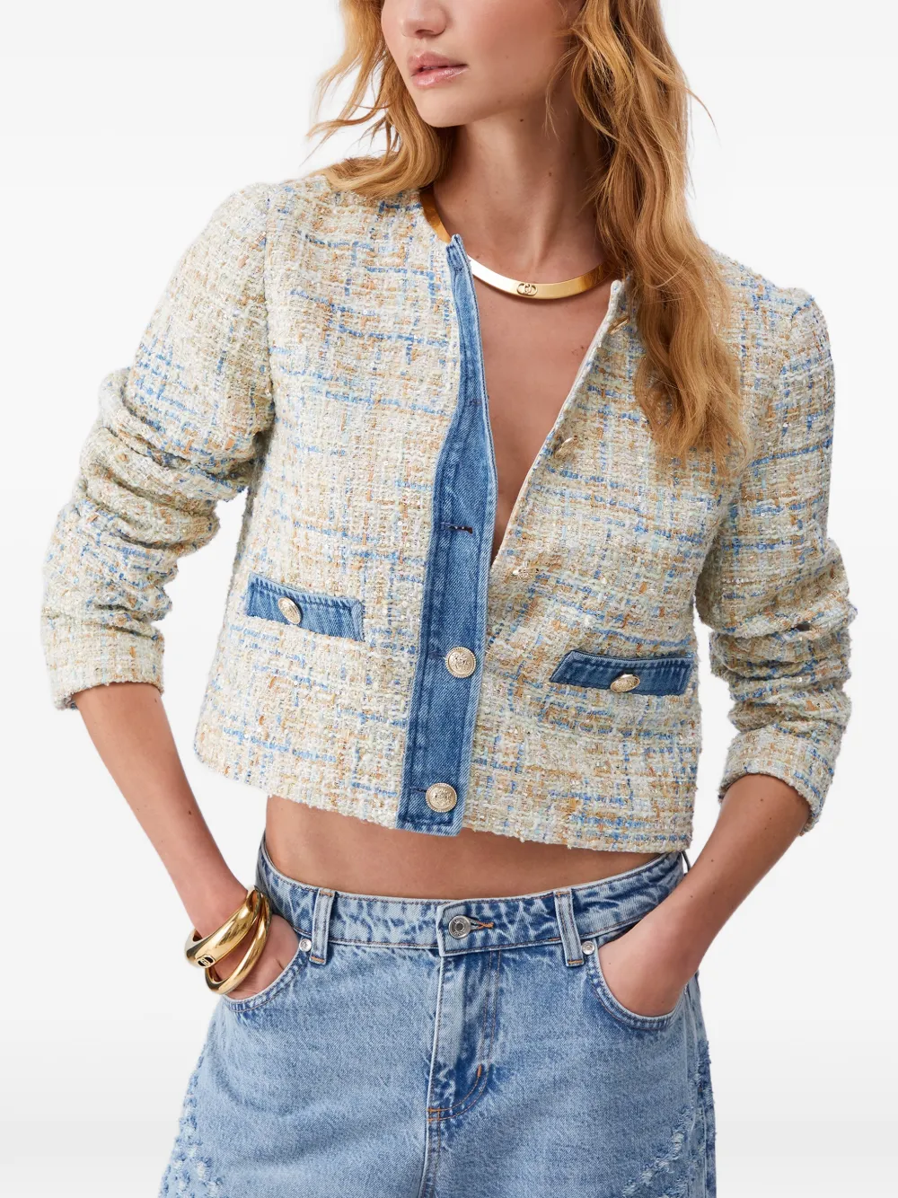  Liu Jo Bouclé Denim-trim Jacket - Neutrals 