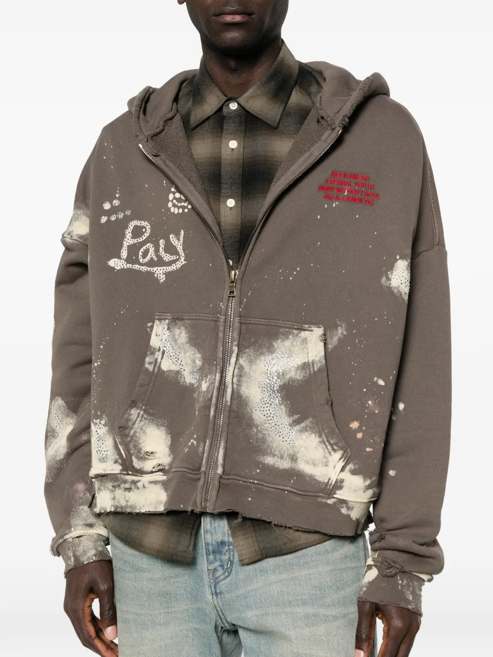 PALY HOLLYWOOD Distressed Zip Hooded Sweatshirt | Brown | FARFETCH