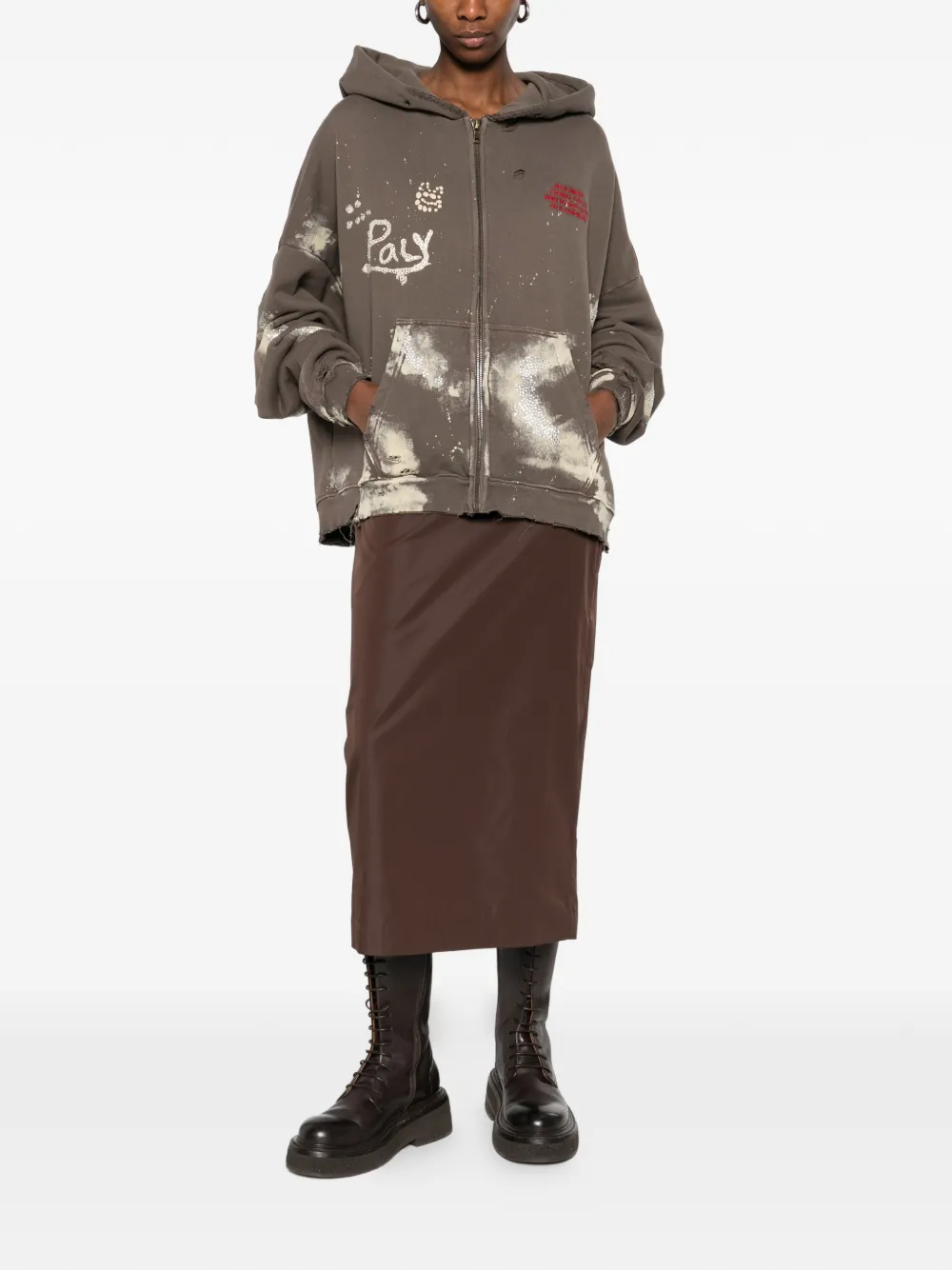 PALY HOLLYWOOD Distressed Zip Hooded Sweatshirt | Brown | FARFETCH