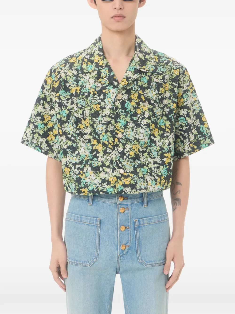 Valentino Garavani Katoenen popeline bowlingshirt met Papier Flower-print Zwart