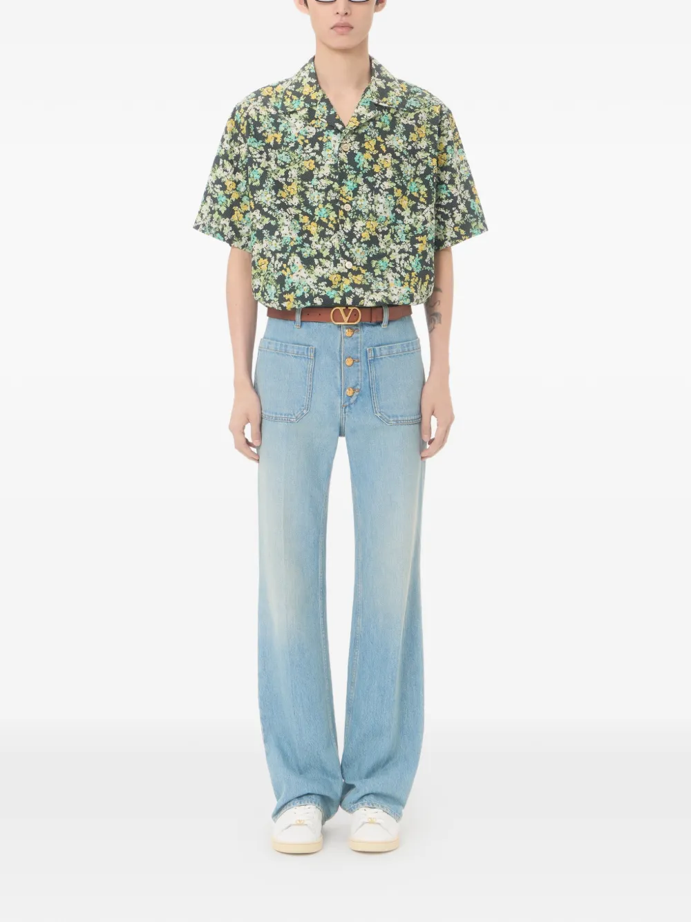 Valentino Garavani Katoenen popeline bowlingshirt met Papier Flower-print Zwart
