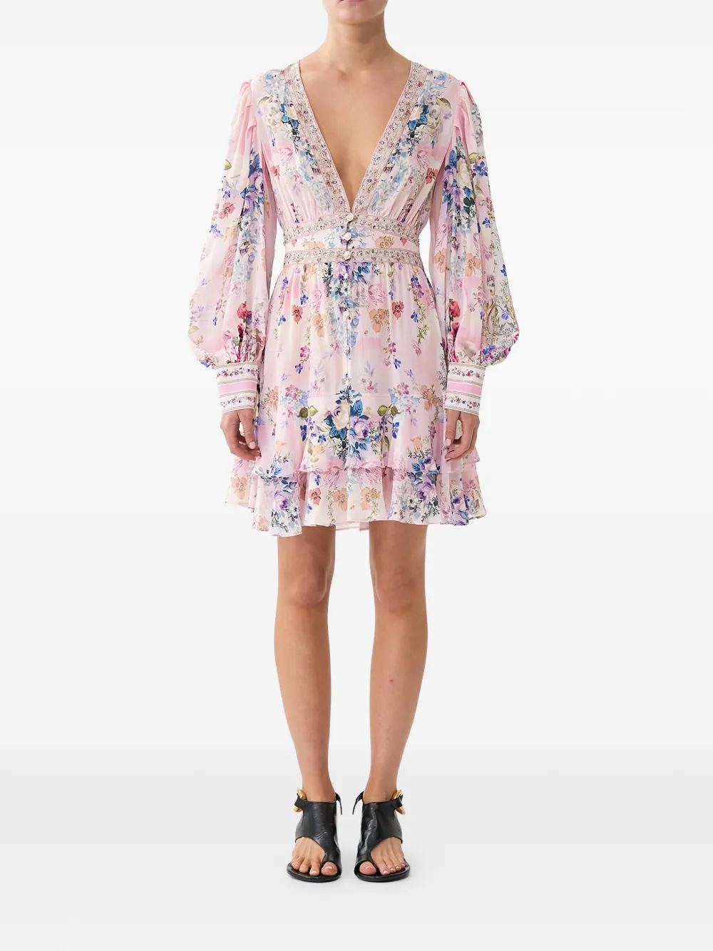 Camilla button frill floral midi dress - Rosa