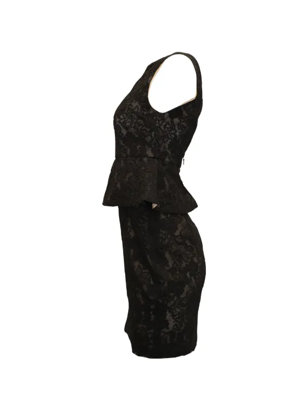 alice and olivia black peplum dress Alice + Olivia Black Embellished Lace & Feather Trim Patricia Peplum Dress  S Alice + Olivia