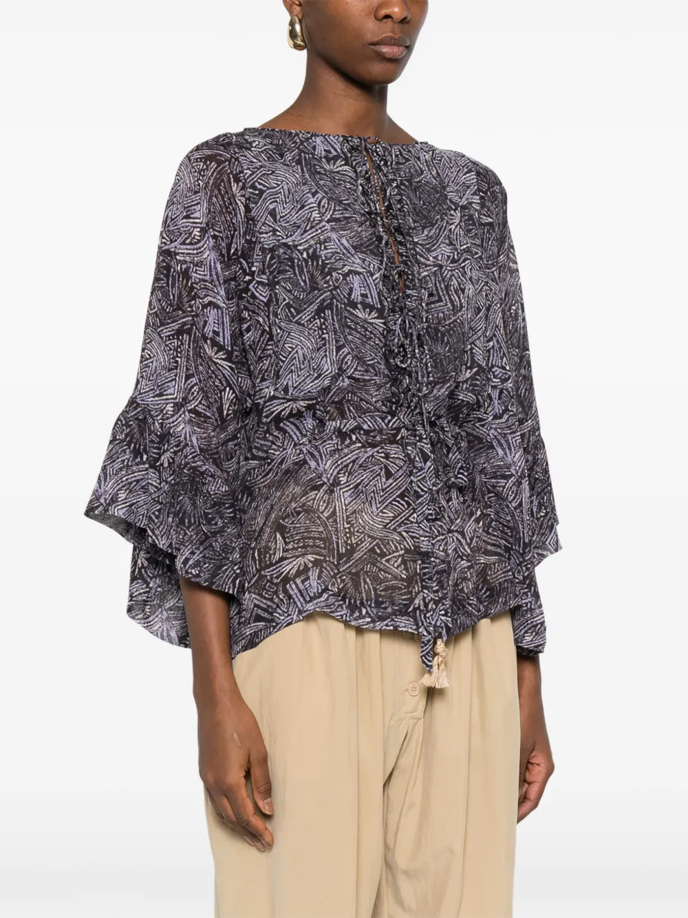 ISABEL MARANT Tekia blouse met ruches en abstracte print Zwart