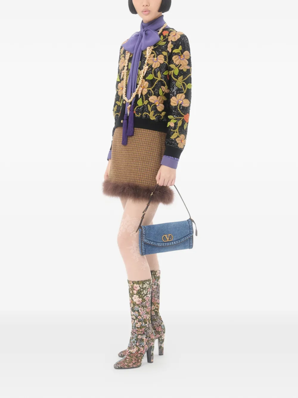 Valentino Garavani Kleine DeVain denim schoudertas Blauw