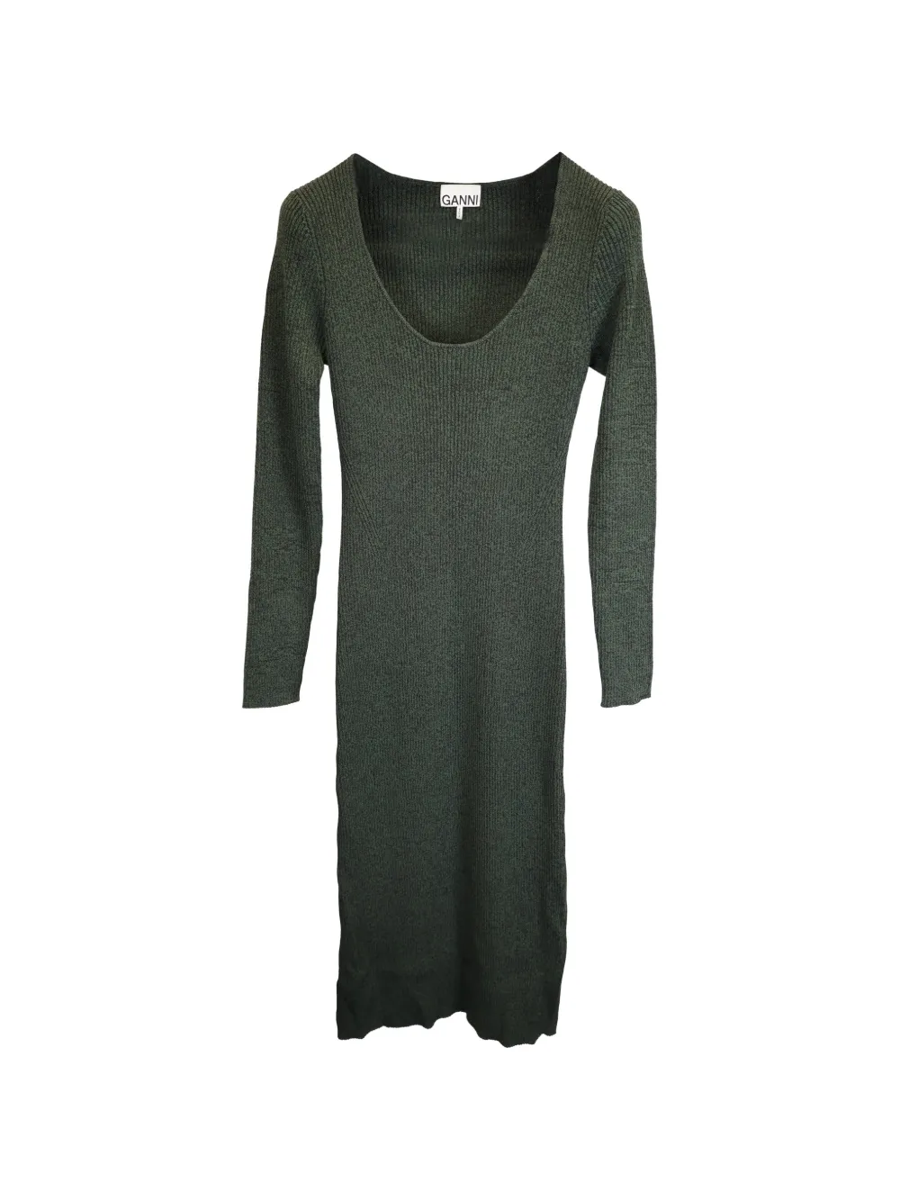 GANNI ribbed-knit long-sleeve midi dress - Verde