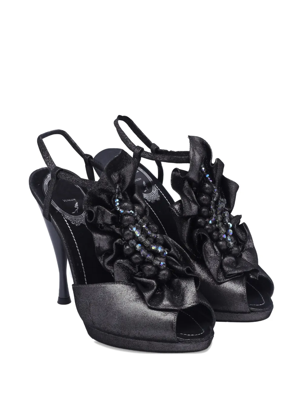 Ren&eacute; Caovilla embellished ruffle-detail sandals - Zwart