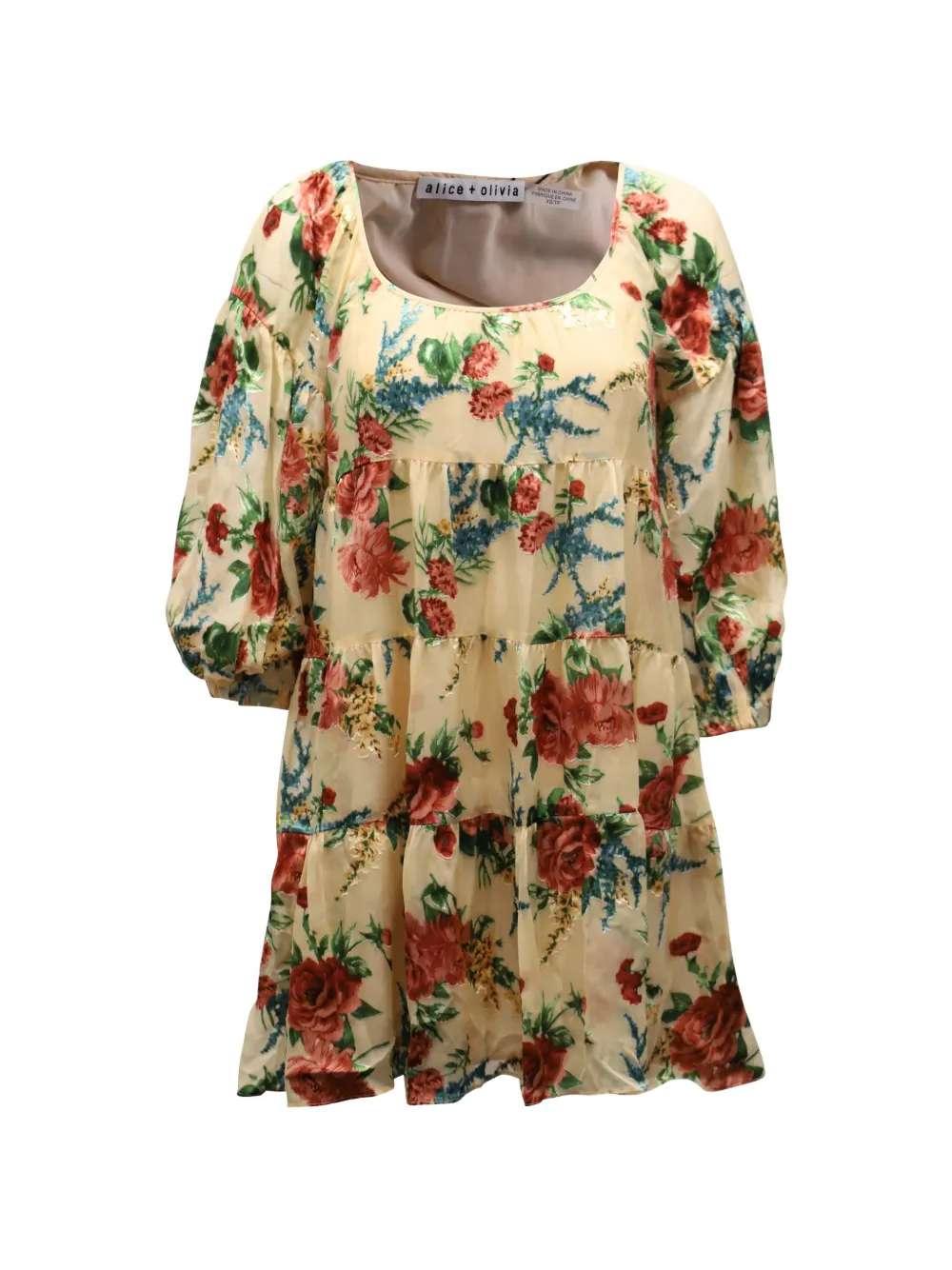 Pre-owned Alice And Olivia Puff-sleeved Floral-print Dress In Neutral