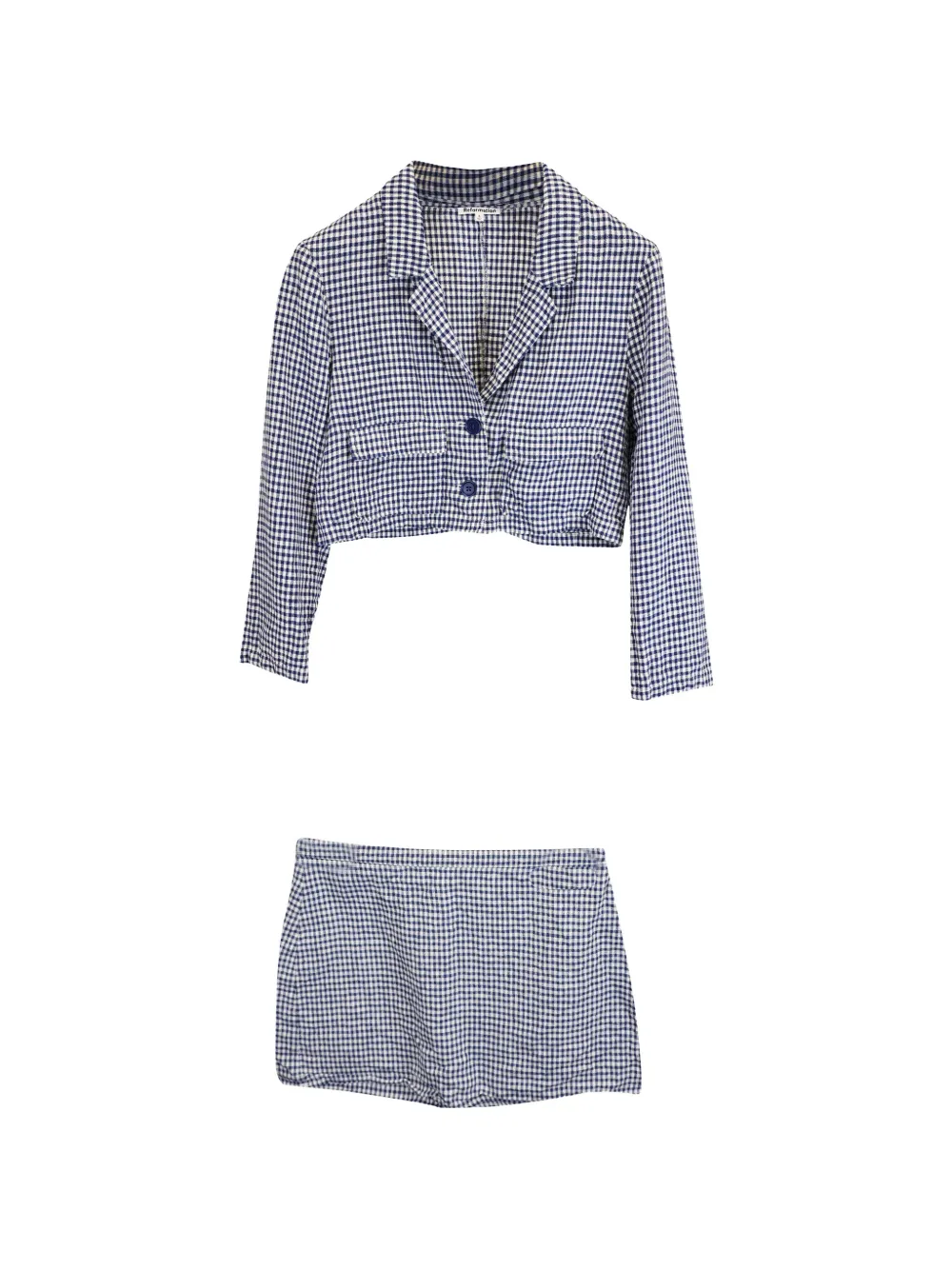 Pre-owned Reformation Elton Gingham-check Cropped Blazer In Blue