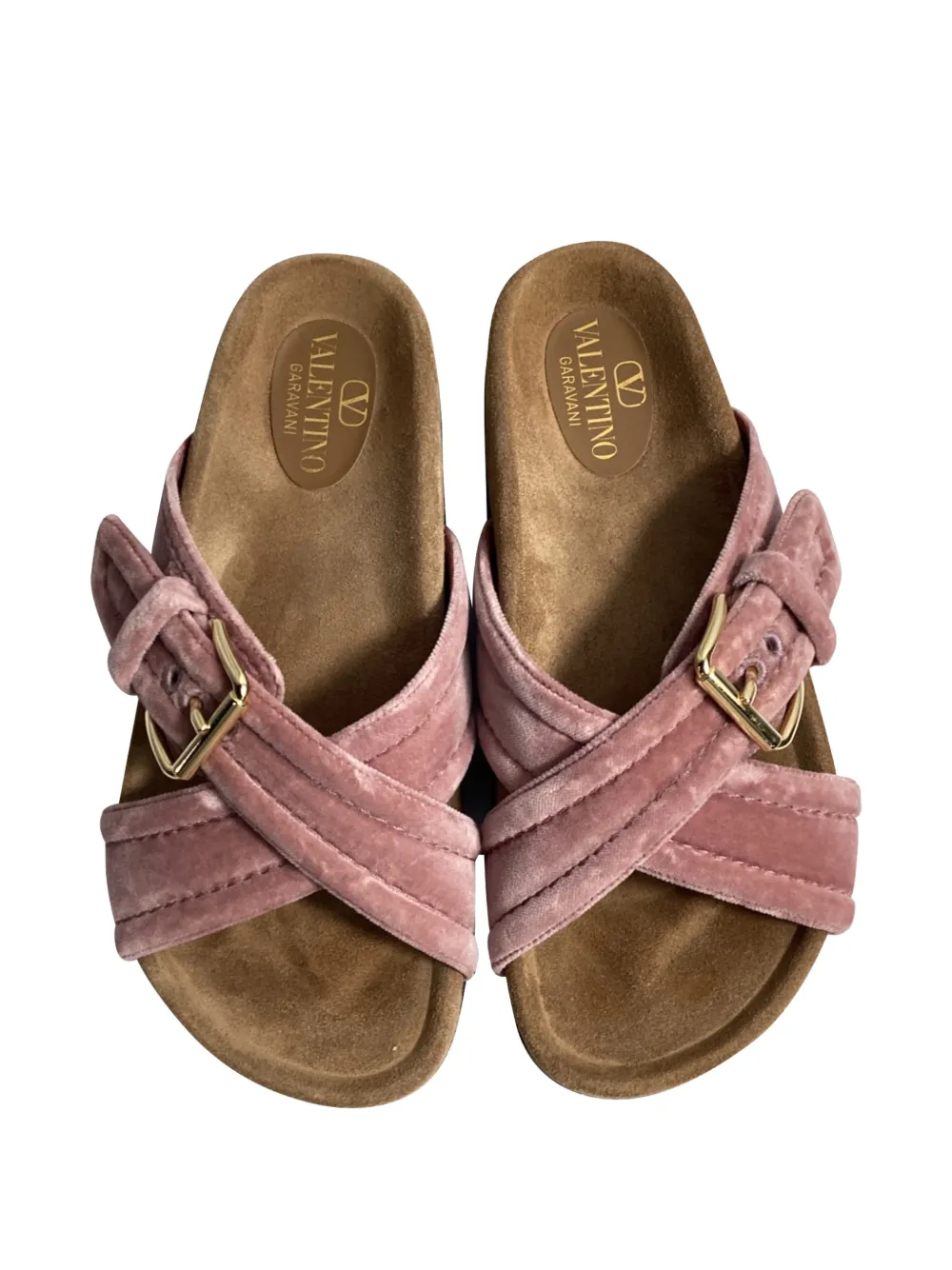 Valentino Garavani Pre-Owned cross-strap velvet flat sandals - Roze