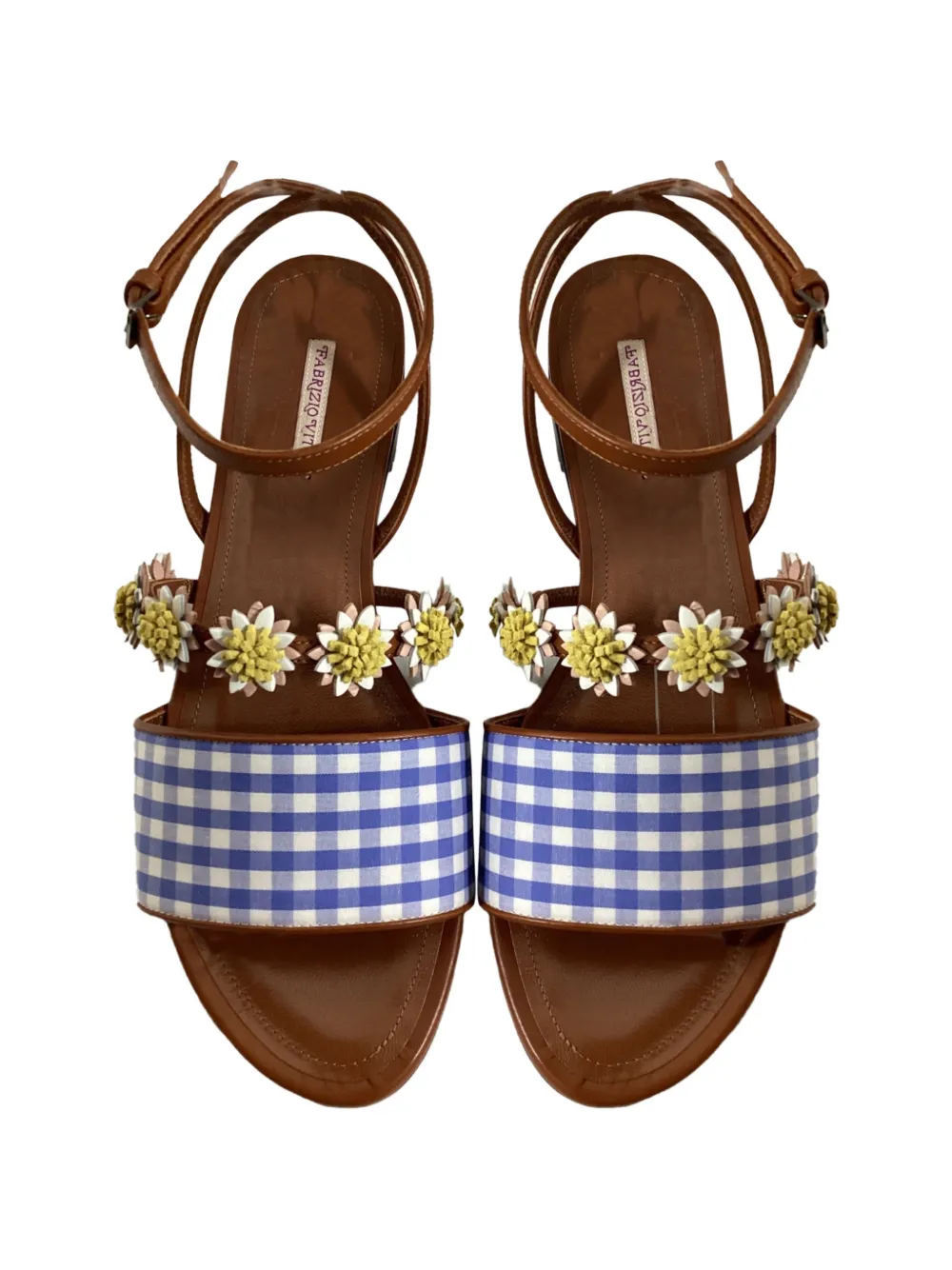 Fabrizio Viti Bea floral-appliqu&eacute; gingham-print sandals - Blauw