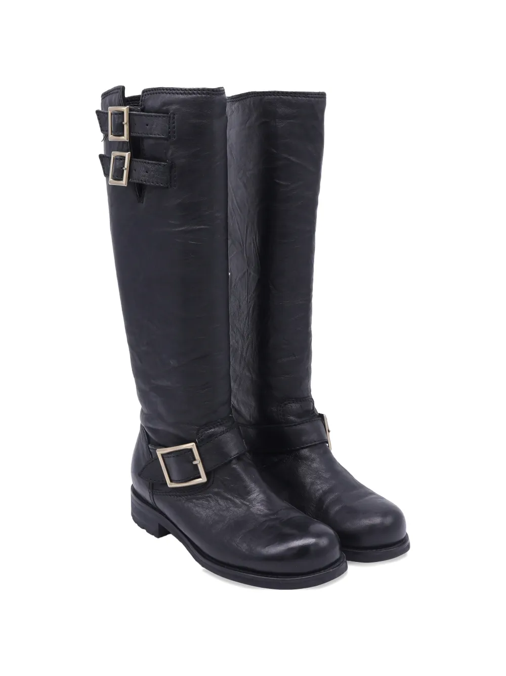 Jimmy Choo Pre-Owned wrinkled buckle biker knee-high boots - Zwart