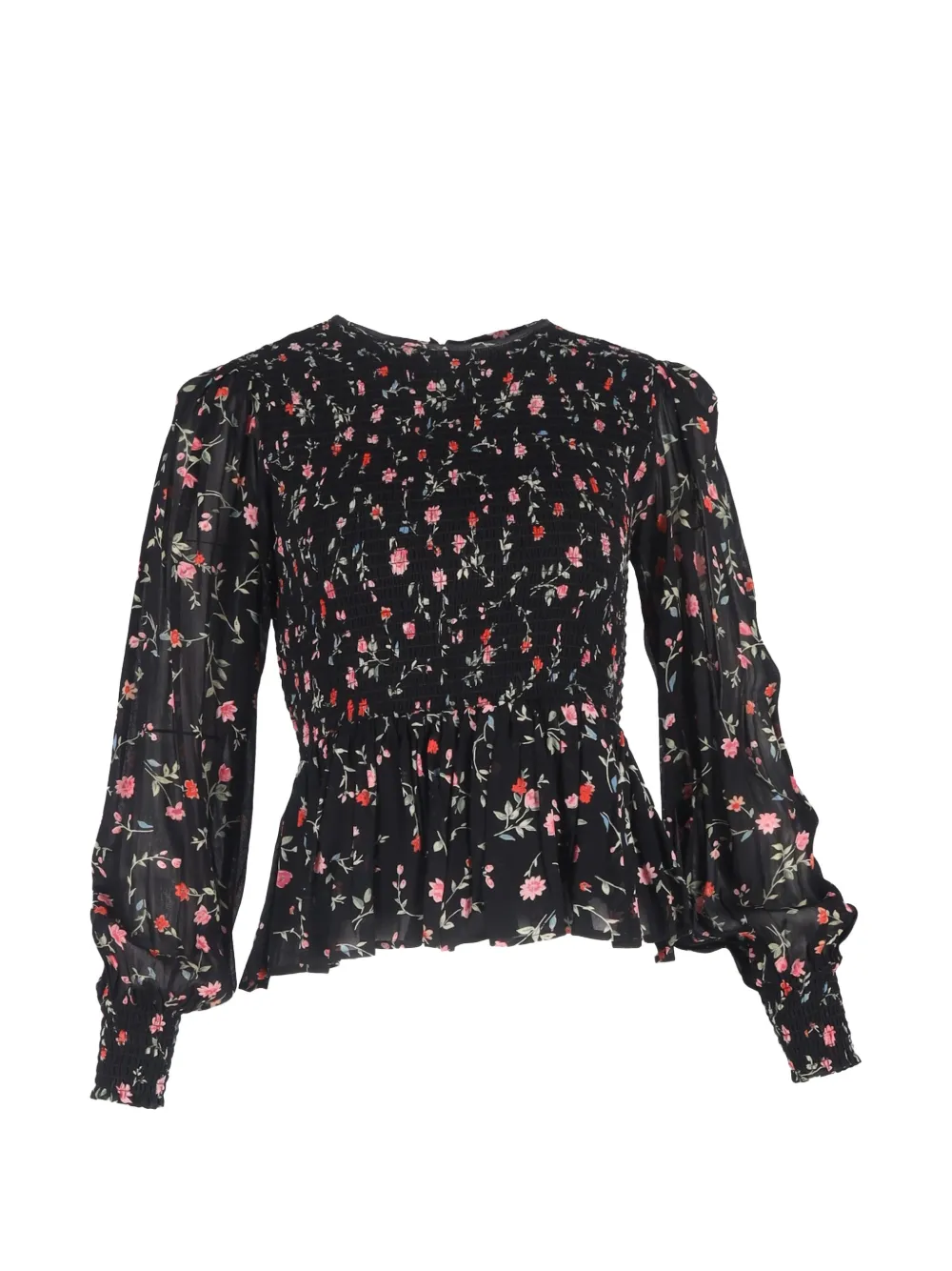 GANNI Elm shirred printed peplum blouse - Nero